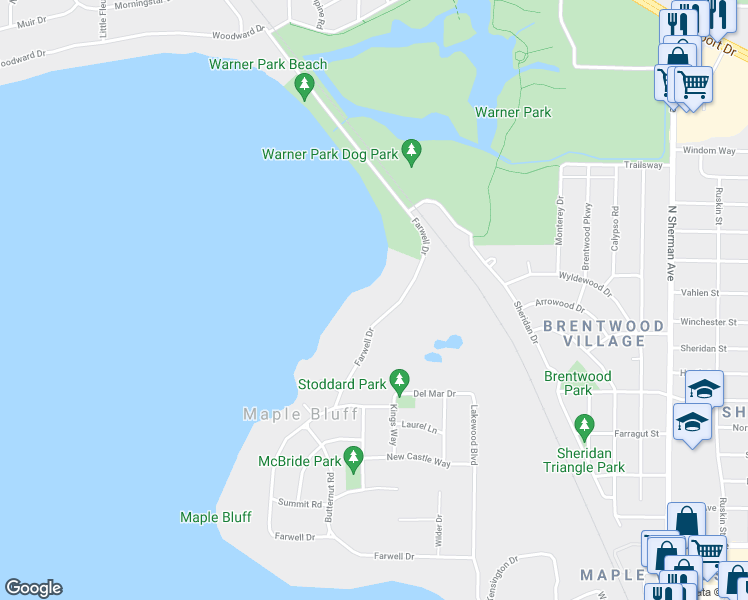 map of restaurants, bars, coffee shops, grocery stores, and more near 1225 Farwell Drive in Madison