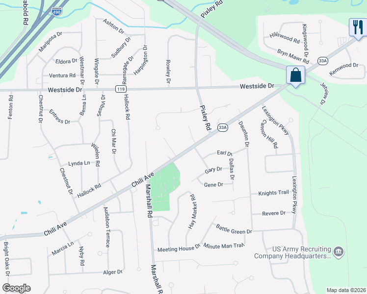 map of restaurants, bars, coffee shops, grocery stores, and more near 2738 Chili Avenue in Rochester