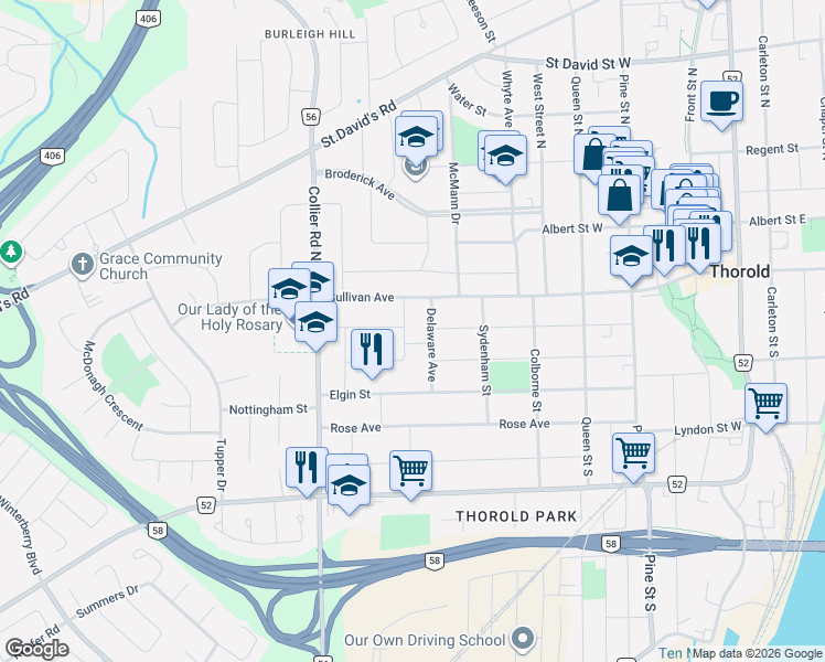 map of restaurants, bars, coffee shops, grocery stores, and more near 24 Winslow Crescent in Thorold