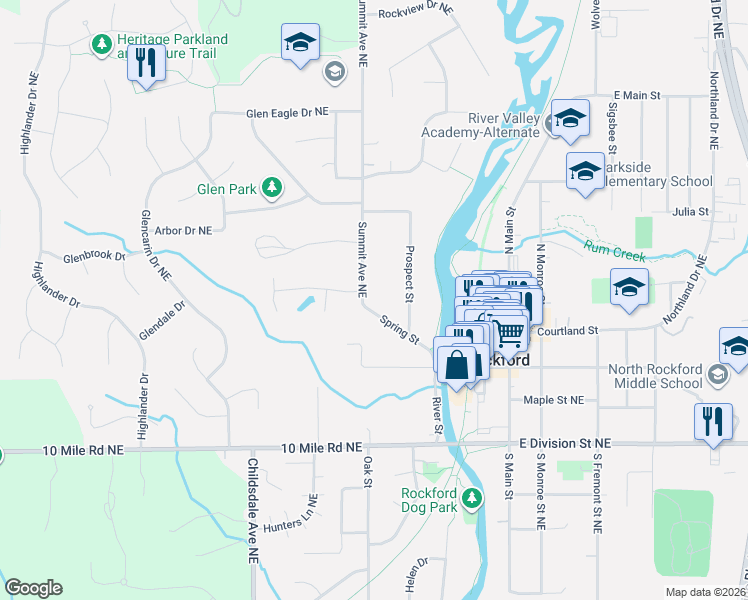 map of restaurants, bars, coffee shops, grocery stores, and more near 131 Summit Avenue Northeast in Rockford