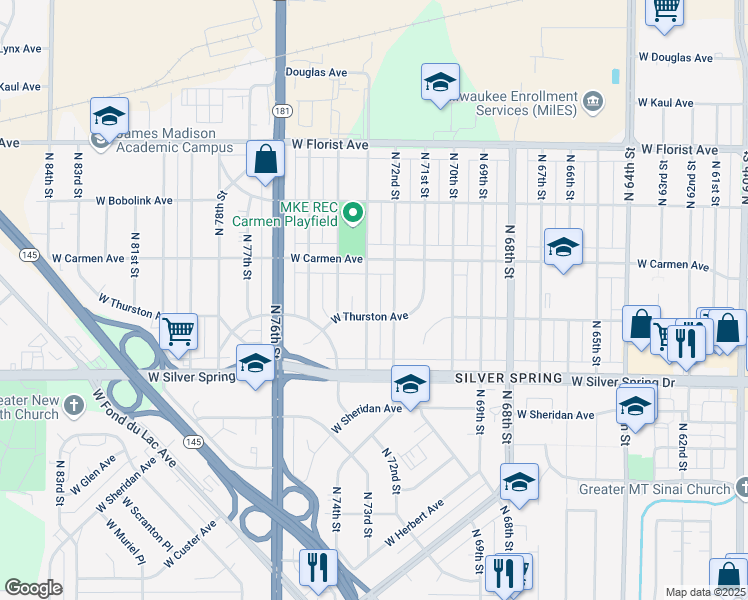 map of restaurants, bars, coffee shops, grocery stores, and more near 5722 North 73rd Street in Milwaukee