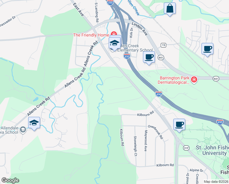 map of restaurants, bars, coffee shops, grocery stores, and more near 10 Old Landmark Drive in Rochester