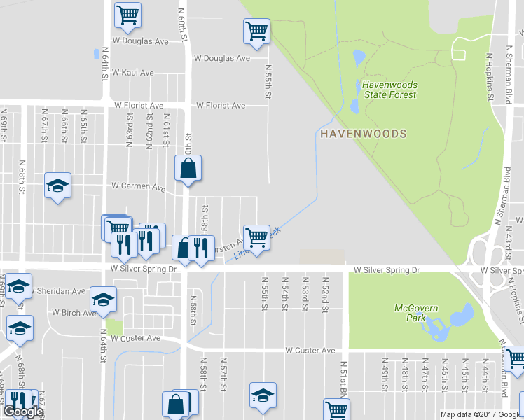 map of restaurants, bars, coffee shops, grocery stores, and more near 5718 North 55th Place in Milwaukee