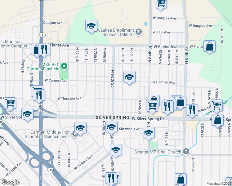 map of restaurants, bars, coffee shops, grocery stores, and more near 5724 North 68th Street in Milwaukee