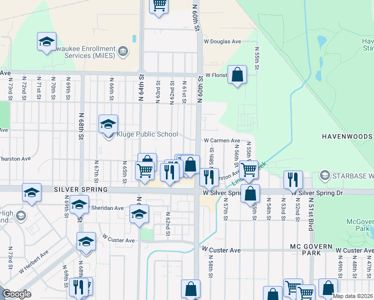 map of restaurants, bars, coffee shops, grocery stores, and more near 5730 North 61st Street in Milwaukee