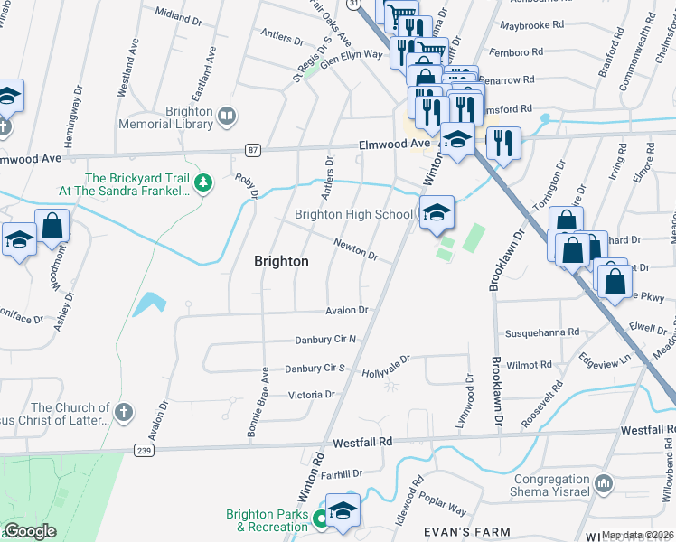 map of restaurants, bars, coffee shops, grocery stores, and more near 218 Buckland Avenue in Rochester