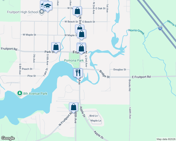 map of restaurants, bars, coffee shops, grocery stores, and more near 63 Bridge Street in Fruitport Charter Township