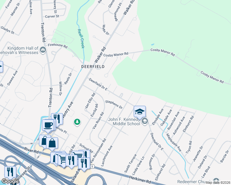 map of restaurants, bars, coffee shops, grocery stores, and more near 207 Deerfield Dr E in Utica