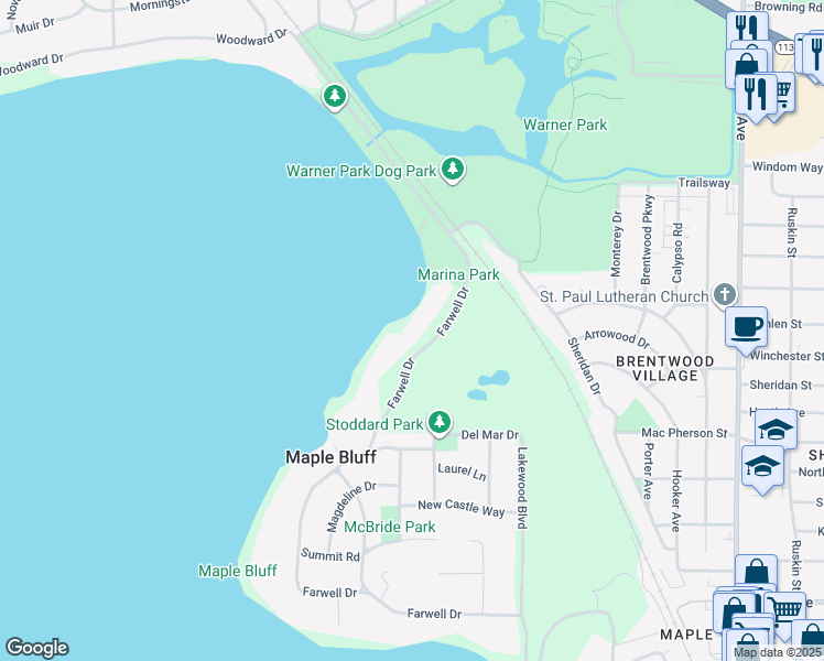 map of restaurants, bars, coffee shops, grocery stores, and more near 1225 Farwell Drive in Madison