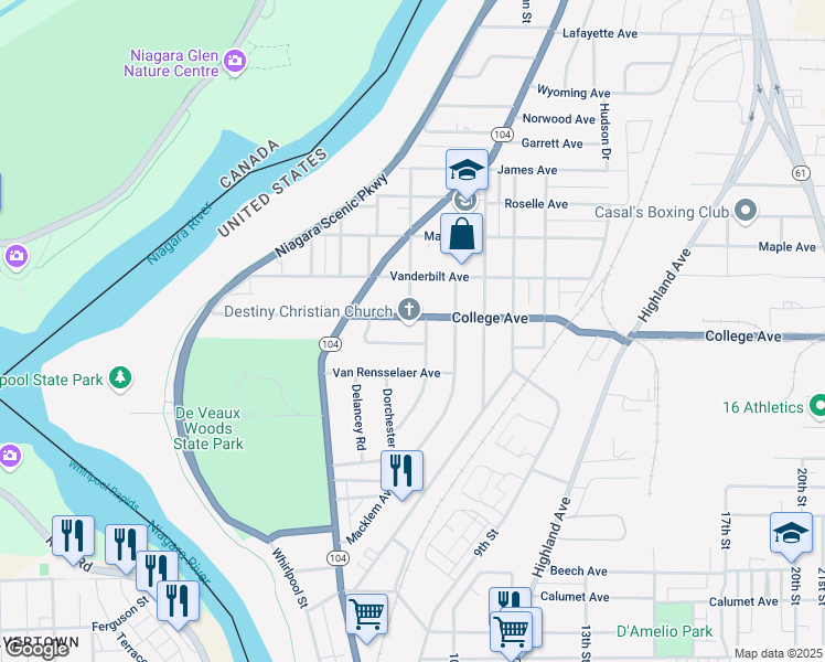 map of restaurants, bars, coffee shops, grocery stores, and more near 905 College Avenue in Niagara Falls