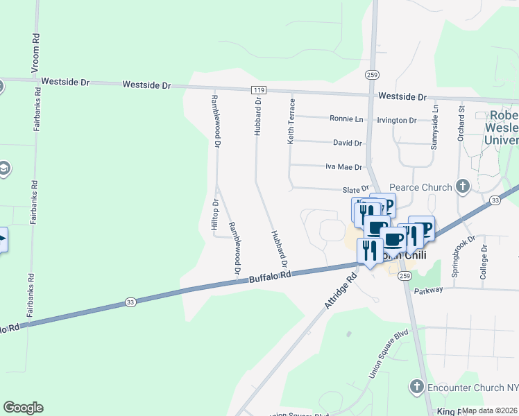 map of restaurants, bars, coffee shops, grocery stores, and more near 77 Hubbard Drive in North Chili