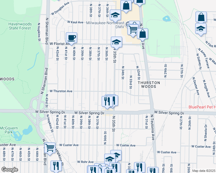 map of restaurants, bars, coffee shops, grocery stores, and more near 5722 North 36th Street in Milwaukee