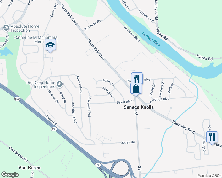 map of restaurants, bars, coffee shops, grocery stores, and more near 104 Leopold Boulevard in Syracuse