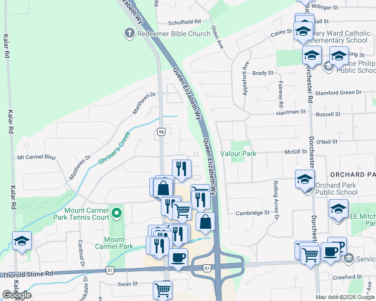 map of restaurants, bars, coffee shops, grocery stores, and more near 3357 Cardinal Drive in Niagara Falls