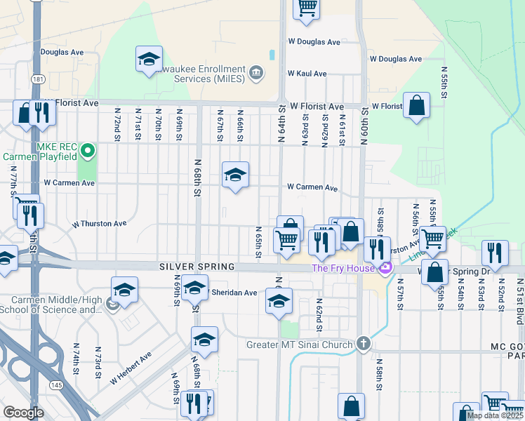 map of restaurants, bars, coffee shops, grocery stores, and more near 5728 North 65th Street in Milwaukee