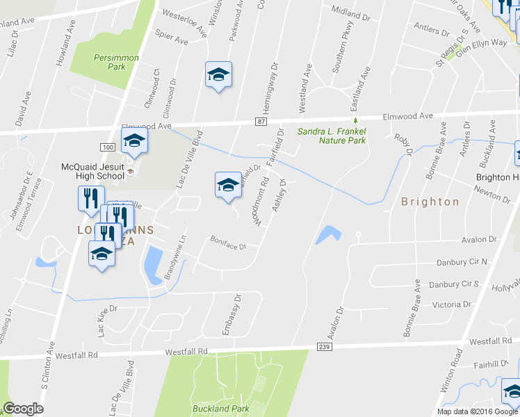 map of restaurants, bars, coffee shops, grocery stores, and more near 44 Woodmont Road in Rochester