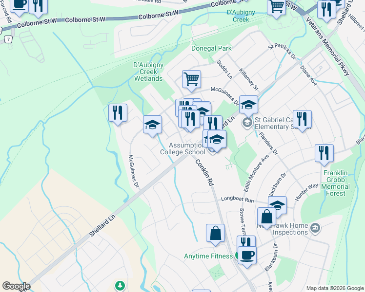 map of restaurants, bars, coffee shops, grocery stores, and more near in Brantford