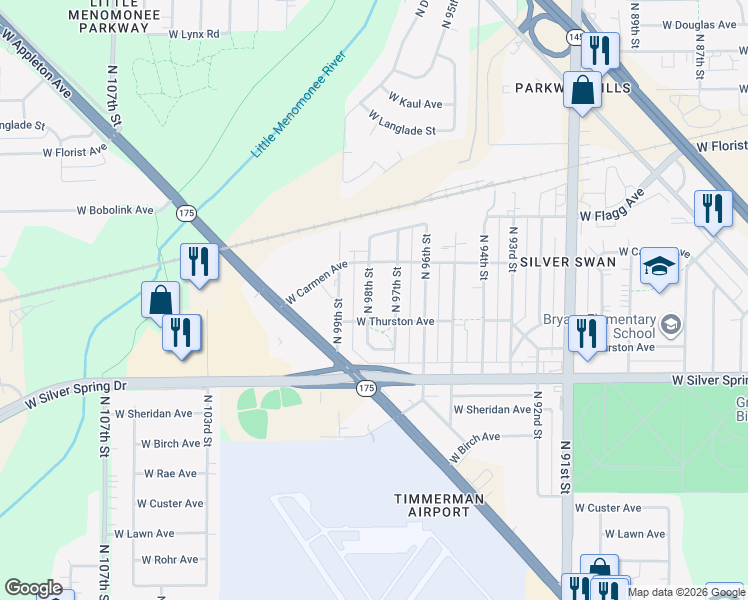 map of restaurants, bars, coffee shops, grocery stores, and more near 5731 North 97th Street in Milwaukee