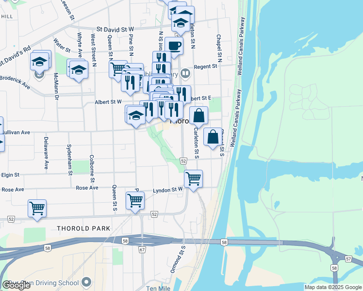 map of restaurants, bars, coffee shops, grocery stores, and more near 43 Ormond Street South in Thorold