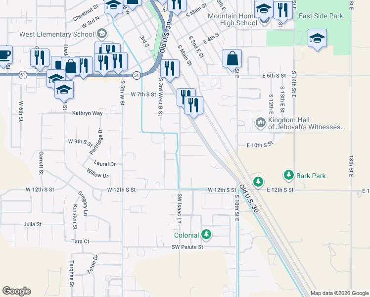 map of restaurants, bars, coffee shops, grocery stores, and more near 285 Colleen Drive in Mountain Home