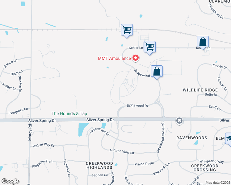 map of restaurants, bars, coffee shops, grocery stores, and more near Ridgewood Drive in Menomonee Falls