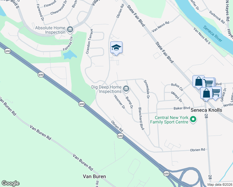 map of restaurants, bars, coffee shops, grocery stores, and more near 120 Hosmer Drive in Syracuse