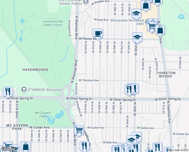 map of restaurants, bars, coffee shops, grocery stores, and more near 5720 North 41st Street in Milwaukee
