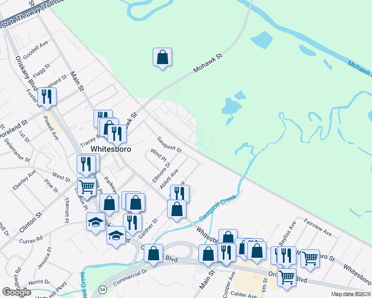 map of restaurants, bars, coffee shops, grocery stores, and more near 41 Sauquoit St in Whitesboro