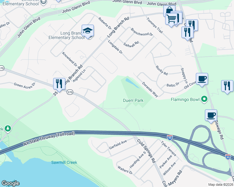map of restaurants, bars, coffee shops, grocery stores, and more near 121 Duerr Road in Liverpool