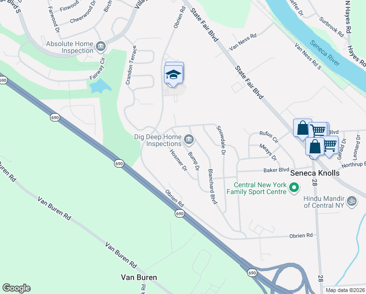 map of restaurants, bars, coffee shops, grocery stores, and more near 120 Hosmer Drive in Syracuse