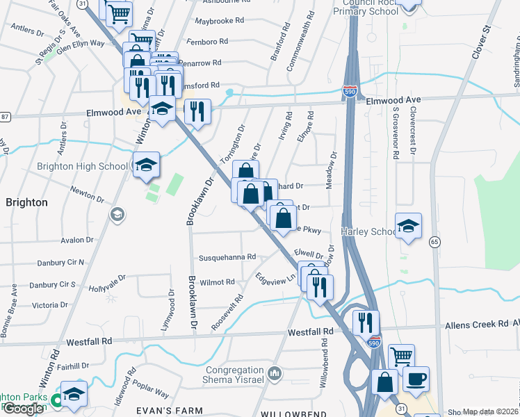 map of restaurants, bars, coffee shops, grocery stores, and more near 19 Orchard Drive in Rochester