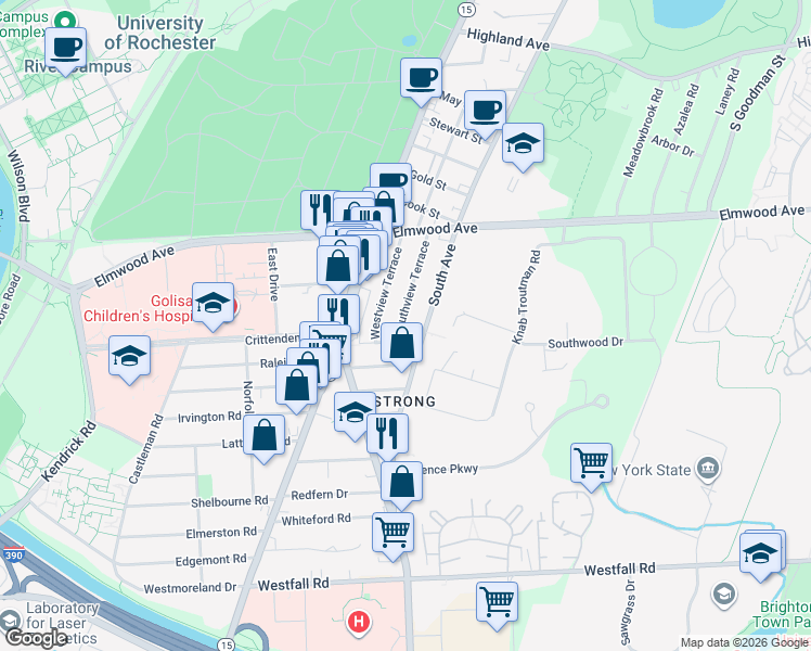 map of restaurants, bars, coffee shops, grocery stores, and more near 134 Southview Terrace in Rochester