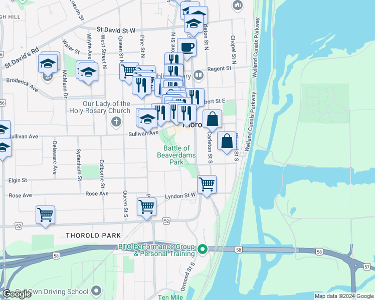 map of restaurants, bars, coffee shops, grocery stores, and more near 43 Ormond Street South in Thorold