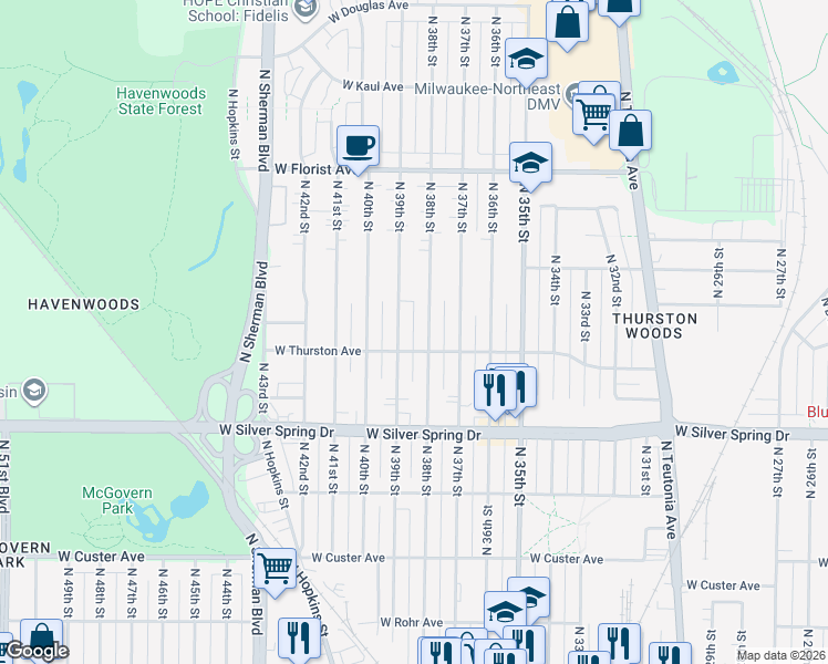 map of restaurants, bars, coffee shops, grocery stores, and more near 5727 North 38th Street in Milwaukee