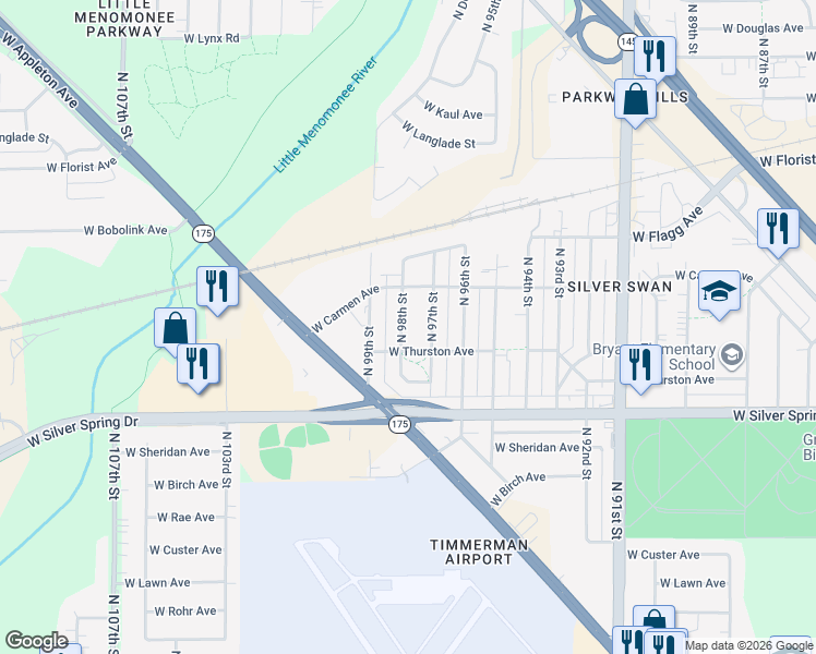 map of restaurants, bars, coffee shops, grocery stores, and more near 5731 North 97th Street in Milwaukee