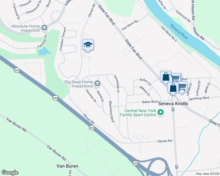 map of restaurants, bars, coffee shops, grocery stores, and more near 205 Resseguie Drive in Syracuse
