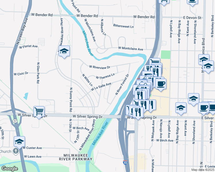 map of restaurants, bars, coffee shops, grocery stores, and more near 5755 North Sievers Place in Glendale