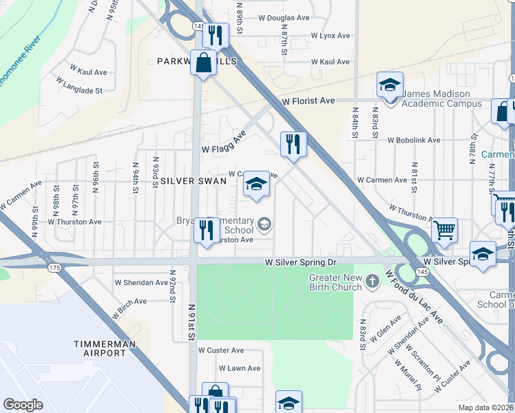 map of restaurants, bars, coffee shops, grocery stores, and more near 8718 West Thurston Avenue in Milwaukee