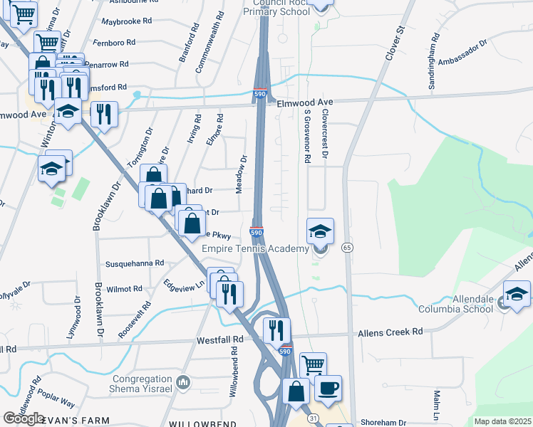 map of restaurants, bars, coffee shops, grocery stores, and more near 337 Sunset Court in Rochester