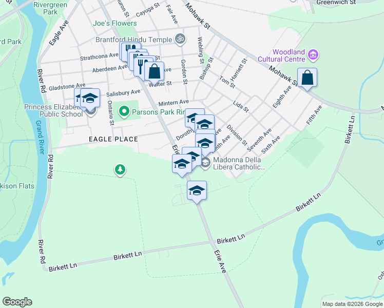 map of restaurants, bars, coffee shops, grocery stores, and more near 121 Tenth Avenue in Brantford
