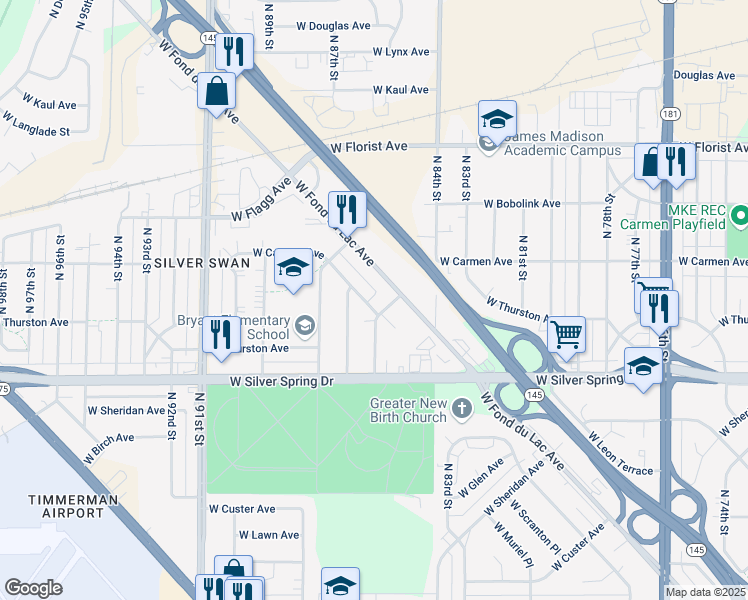 map of restaurants, bars, coffee shops, grocery stores, and more near 8612-8614 West Medford Avenue in Milwaukee