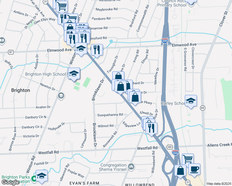 map of restaurants, bars, coffee shops, grocery stores, and more near 2185 Monroe Avenue in Rochester