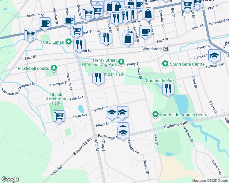 map of restaurants, bars, coffee shops, grocery stores, and more near 208 Butler Street in Woodstock