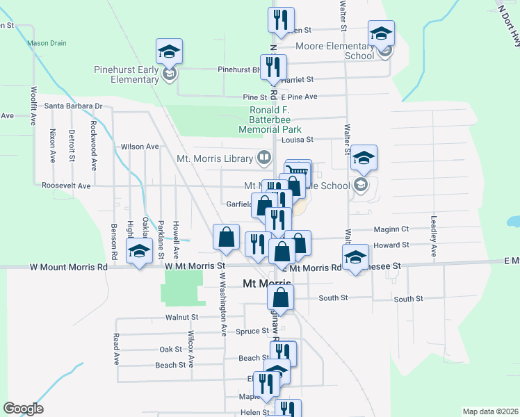 map of restaurants, bars, coffee shops, grocery stores, and more near 678 Garfield Avenue in Mount Morris