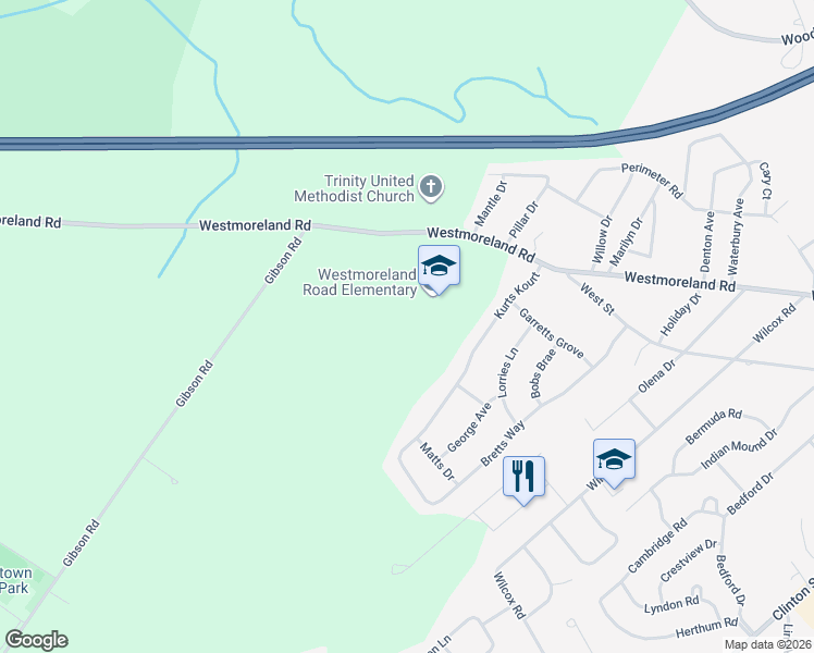 map of restaurants, bars, coffee shops, grocery stores, and more near 8596 Westmoreland Road in Whitesboro