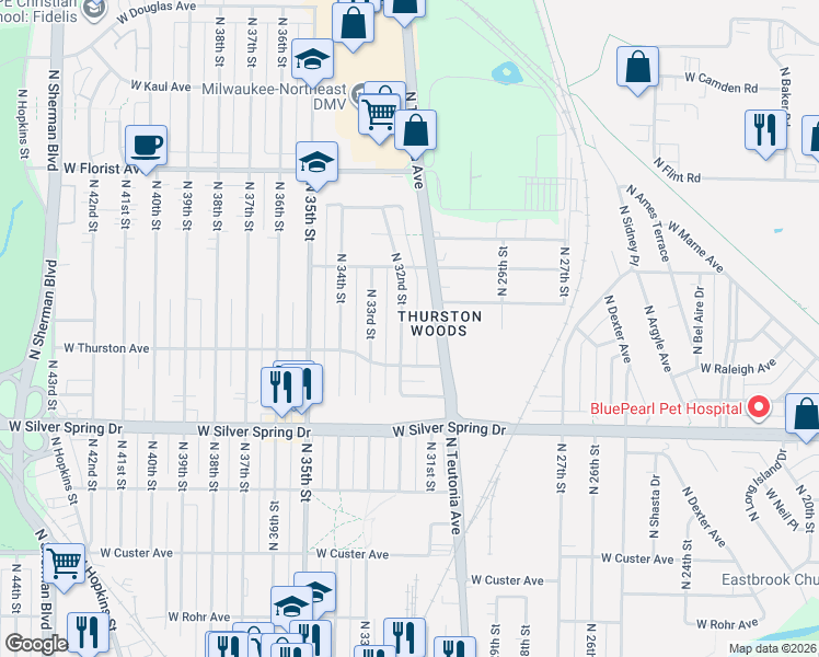 map of restaurants, bars, coffee shops, grocery stores, and more near 5746 North 32nd Street in Milwaukee