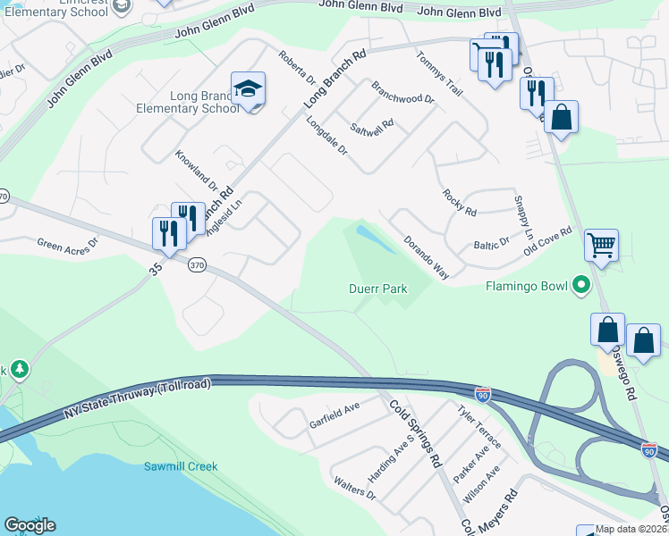 map of restaurants, bars, coffee shops, grocery stores, and more near 121 Duerr Road in Liverpool