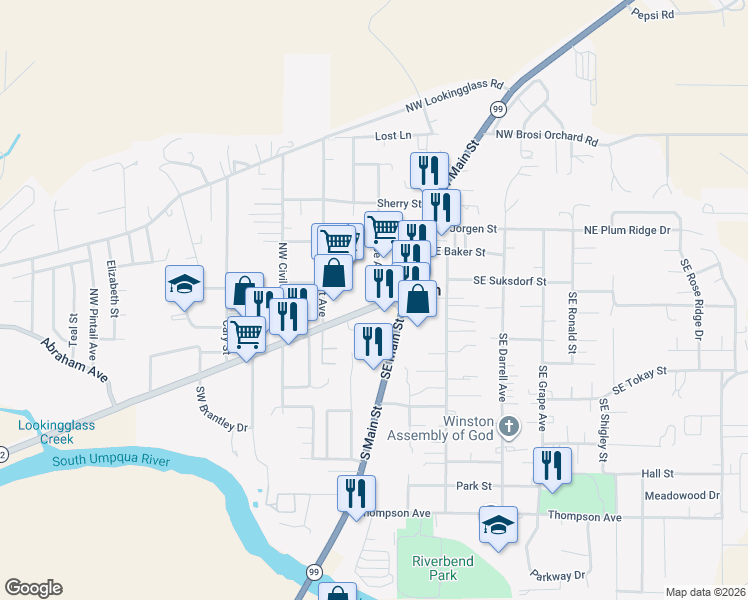 map of restaurants, bars, coffee shops, grocery stores, and more near 111 Northwest Douglas Boulevard in Winston