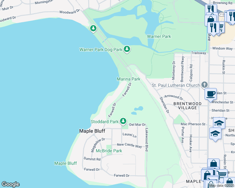 map of restaurants, bars, coffee shops, grocery stores, and more near 1225 Farwell Drive in Madison