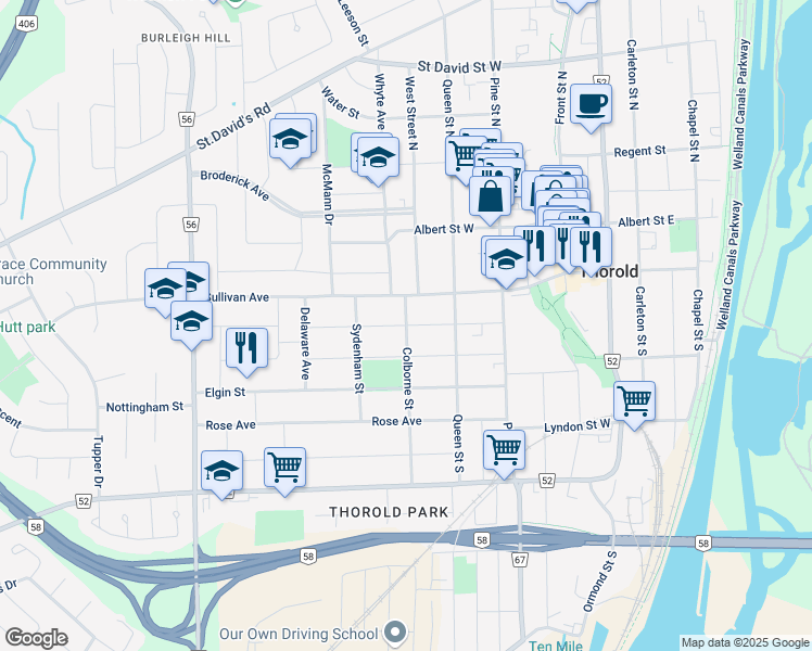 map of restaurants, bars, coffee shops, grocery stores, and more near Metcalfe Street in Thorold